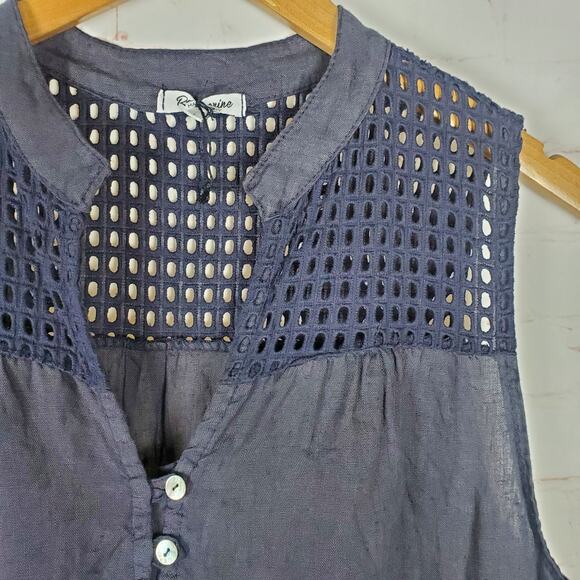Rosemarine Italian Linen Dress Size L Navy Blue Sleeveless Crochet Shift Ruffle - Picture 5 of 12